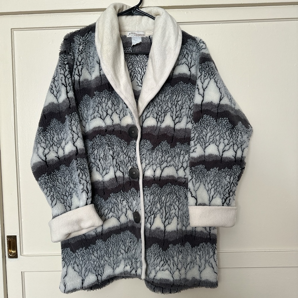Vintage Winter Tree Fleece Warm Button Up Jacket with Shawl Collar size M/L